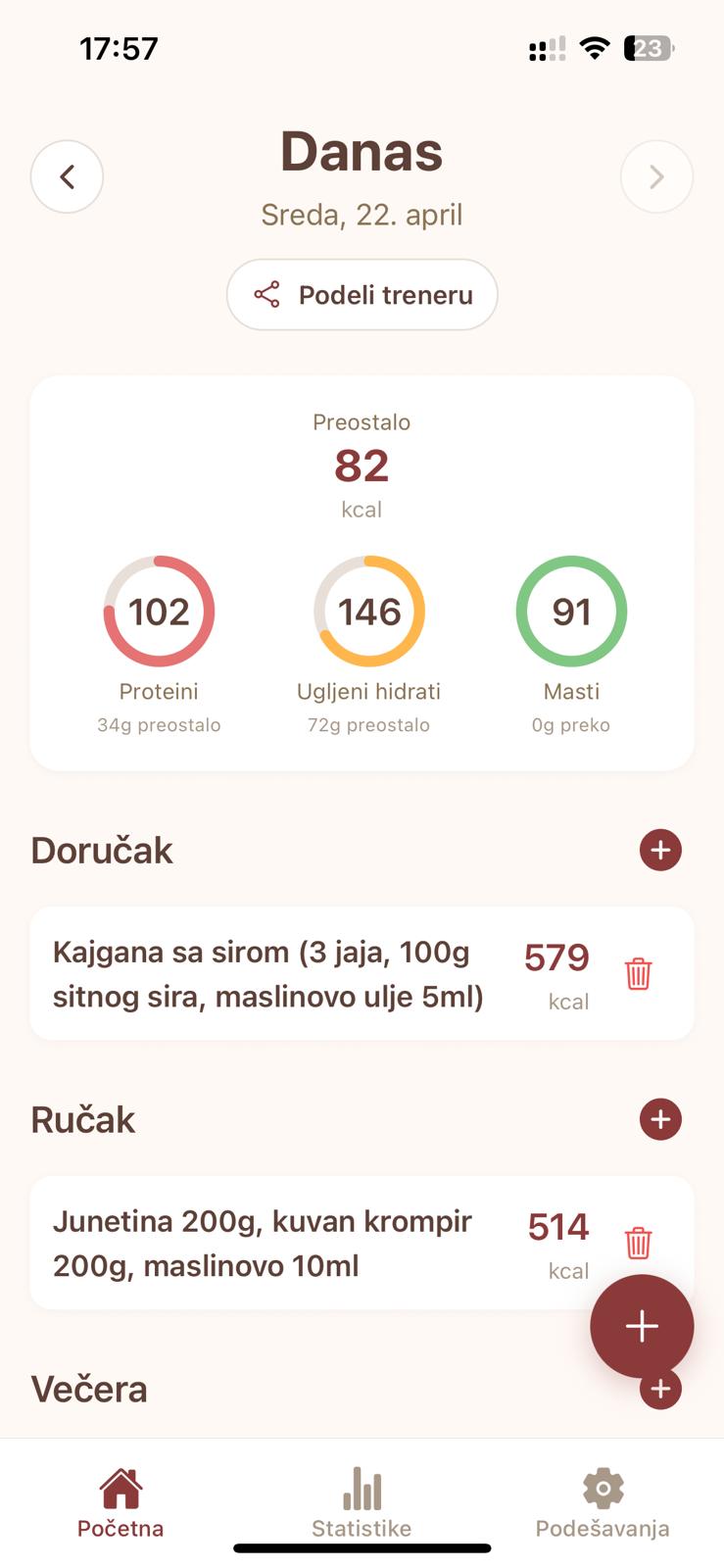 FitKofer dnevni pregled kalorija i obroka