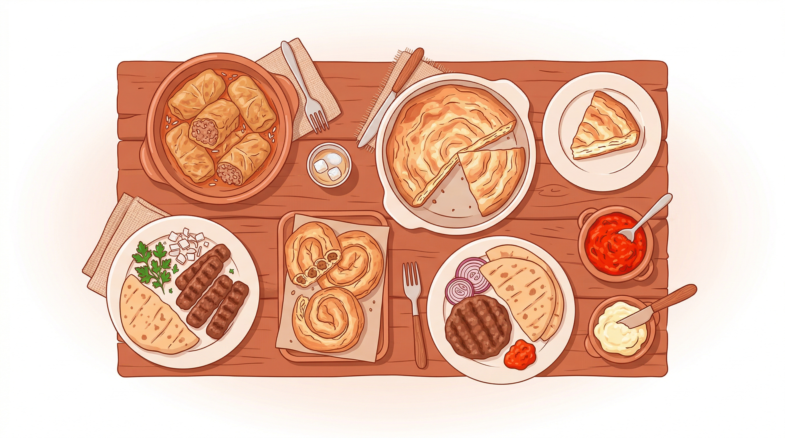 Ilustracija srpskih jela - sarma, ćevapi, burek, gibanica, pljeskavica, ajvar i kajmak na drvenoj trpezi
